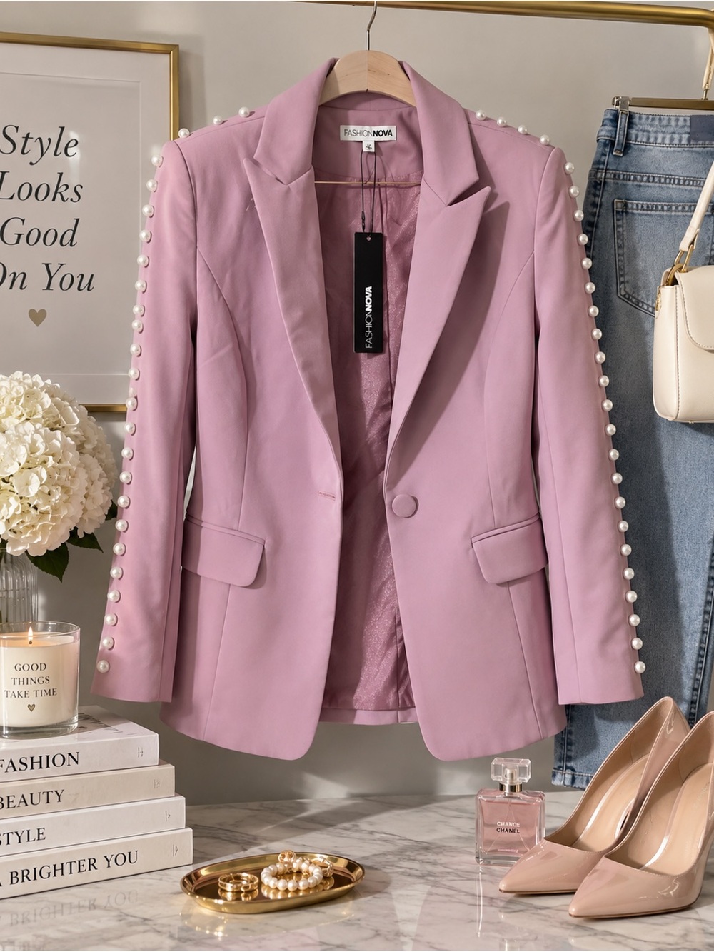 NWT Fashion Nova Mauve Pearl Embellished Blazer M Longline Statement Jacket